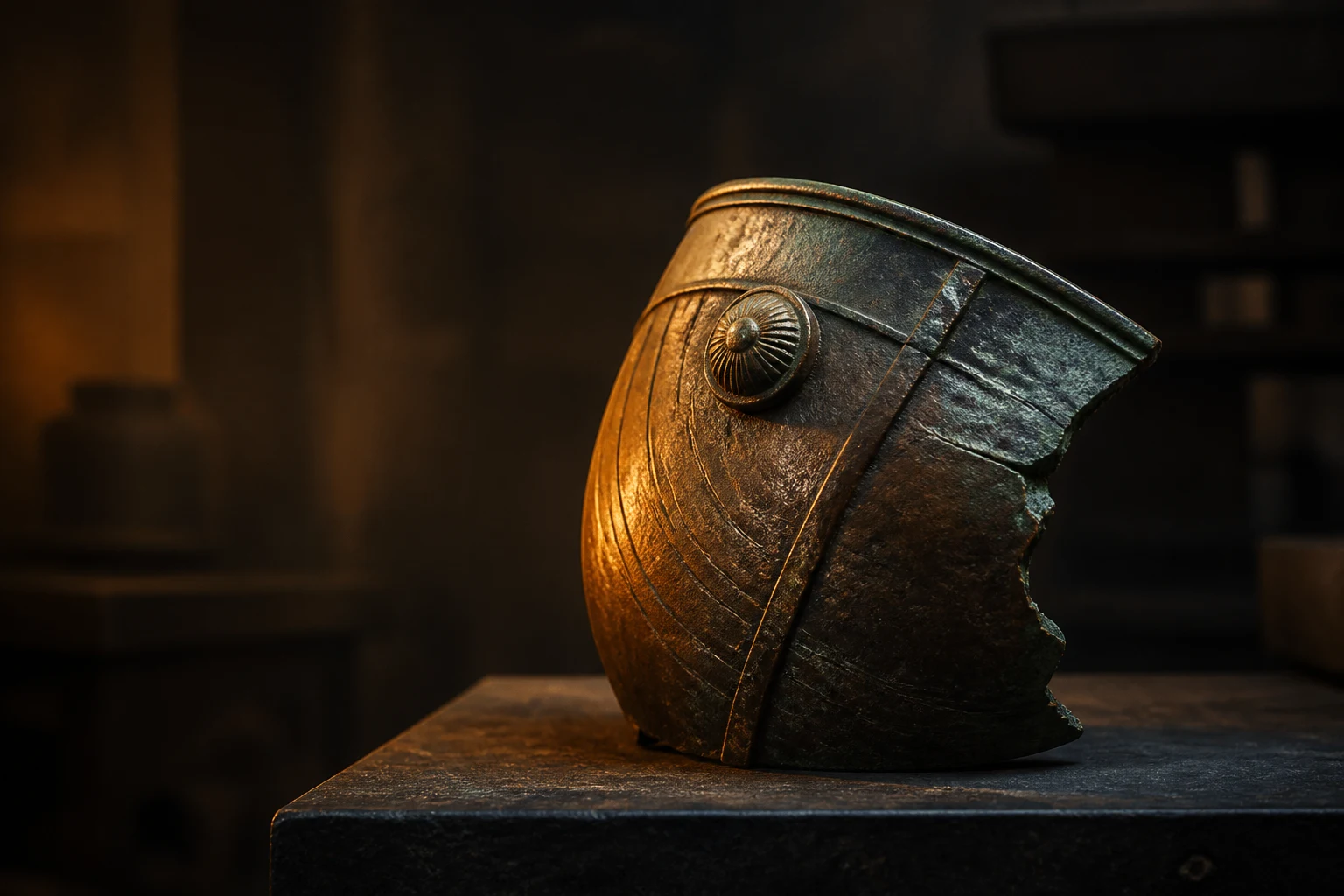 Original generated editorial still life of an invented cast-bronze fragment on a dark stone plinth